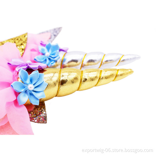 Handmade Kids Party Rainbow Unicorn Horn Headband for DIY Party Supplies Gold Glittery Headwear Flower Hairband